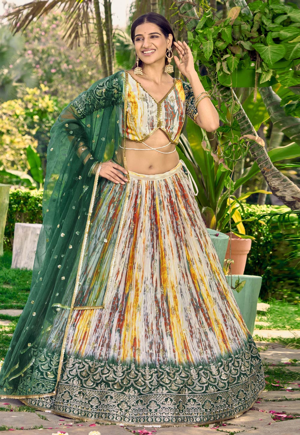 Green Chinon Circular Lehenga Choli 284835