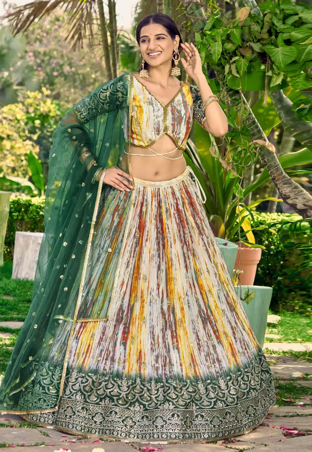 Green Chinon Circular Lehenga Choli 284835