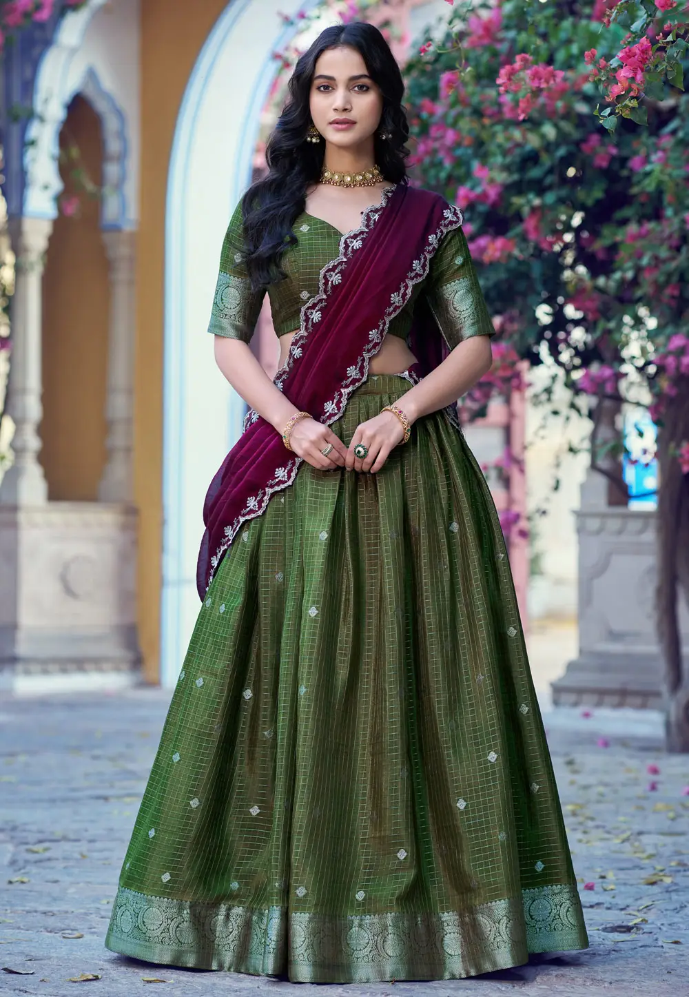 Green Chinon Circular Lehenga Choli 332269