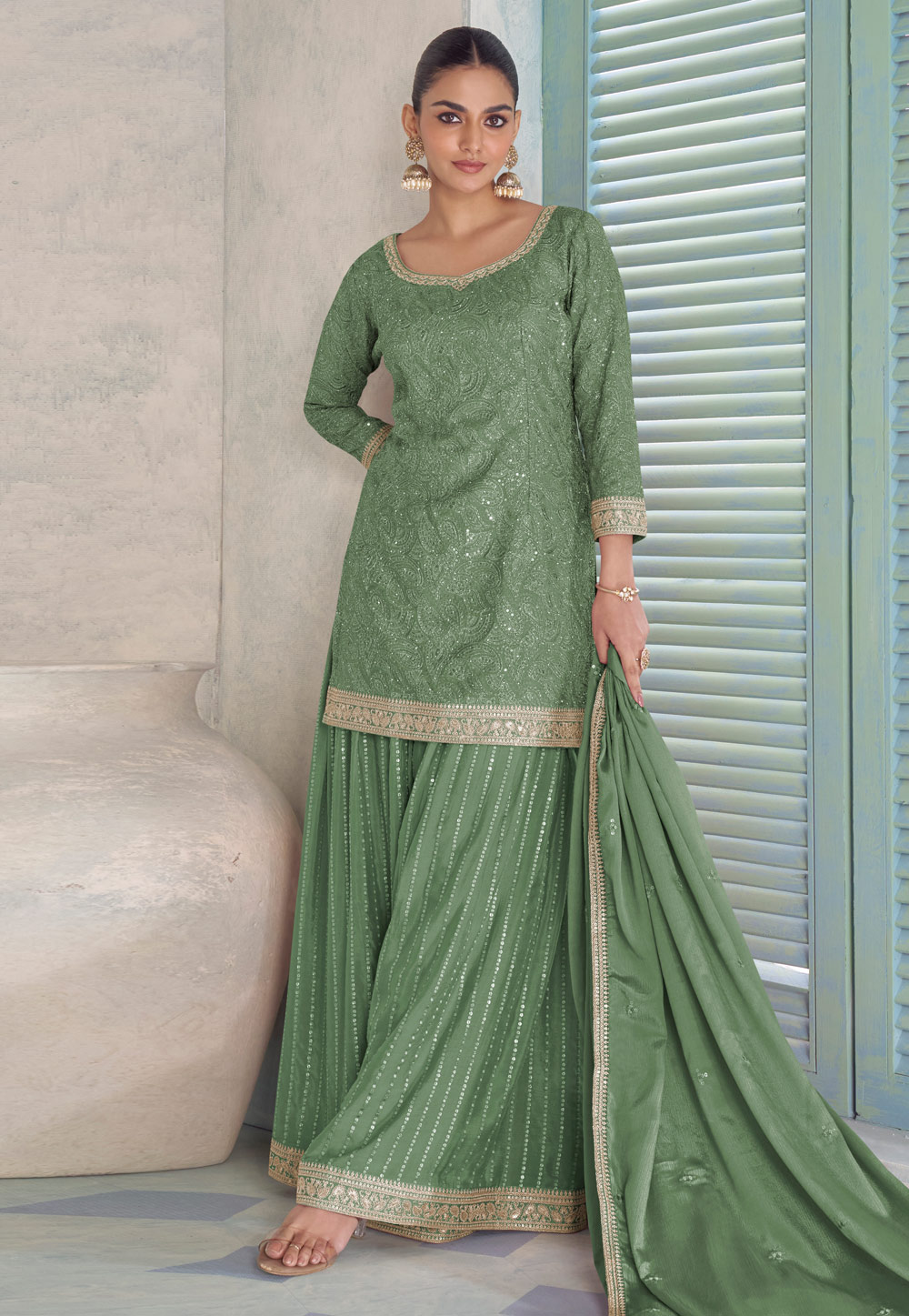 Green Chinon Embroidered Pakistani Suit 326352