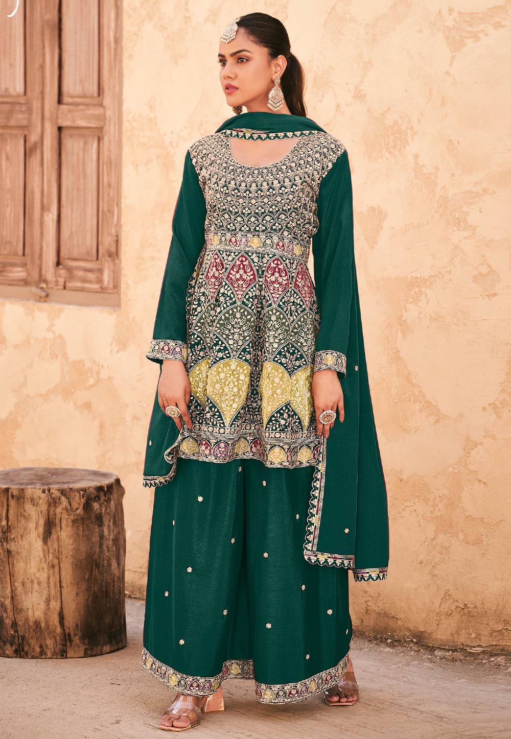Green Chinon Embroidered Palazzo Suit 307132