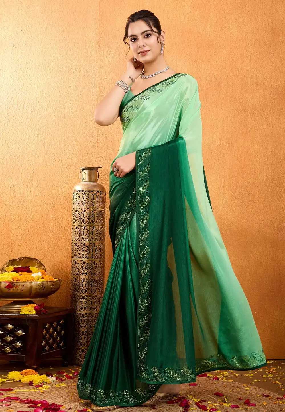 Green Chinon Half N Half Saree 306744