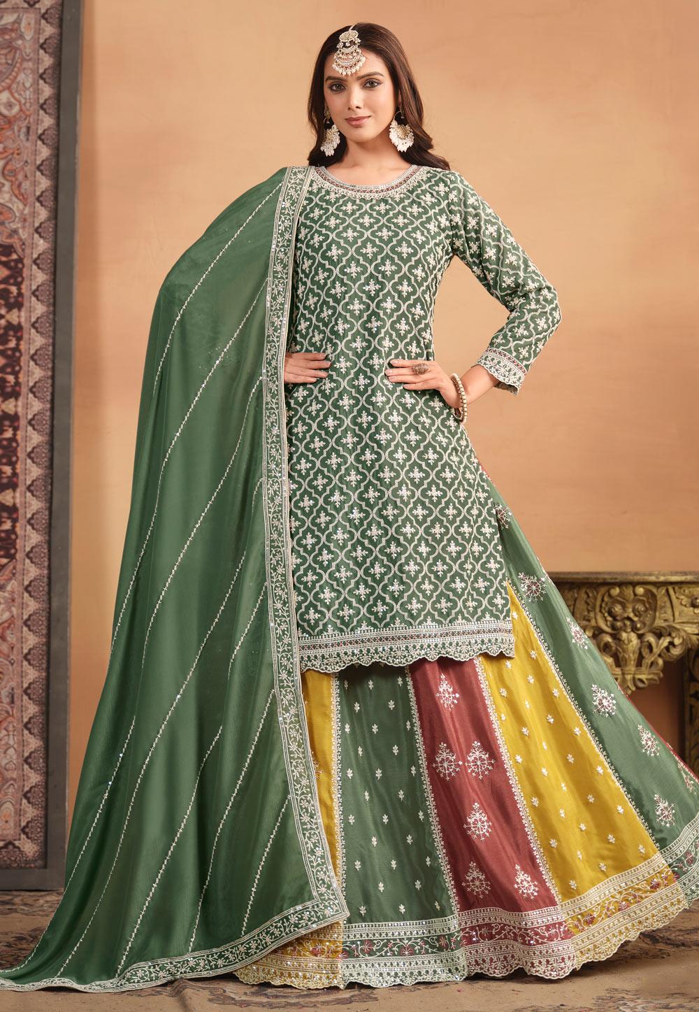 Green Chinon Indo Western Lehenga Choli 284309