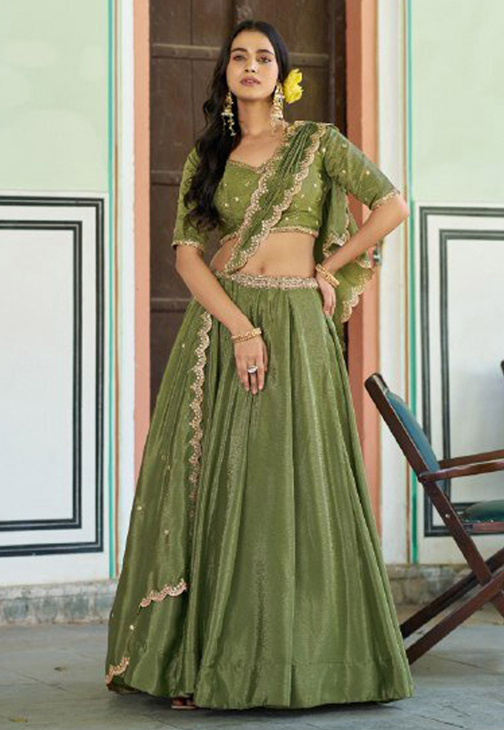 Green Chinon Lehenga Choli 330392