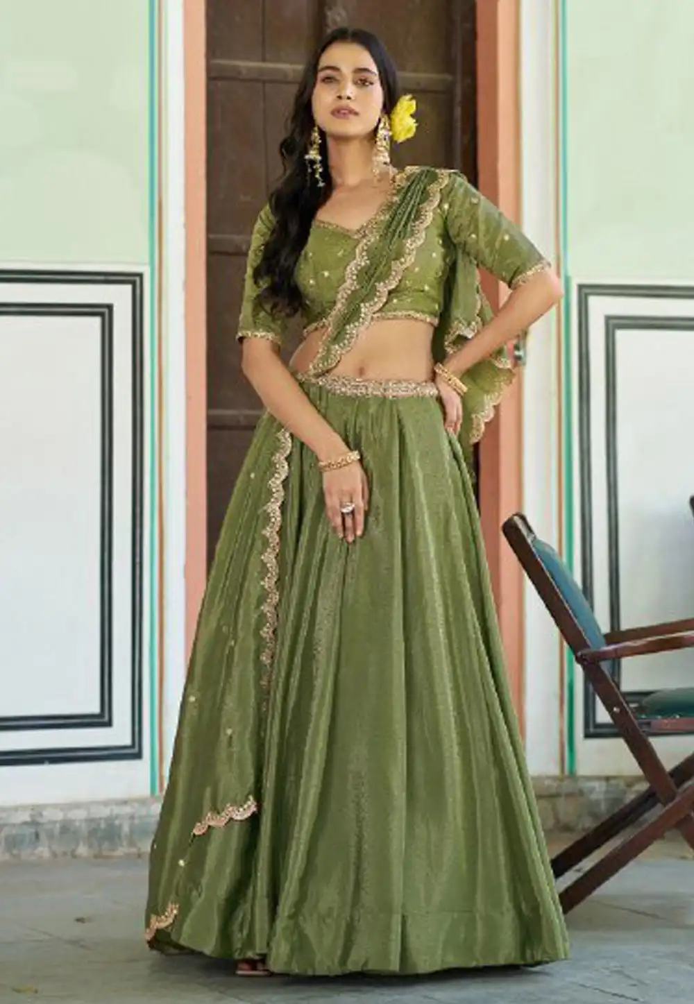 Green Chinon Lehenga Choli 330392
