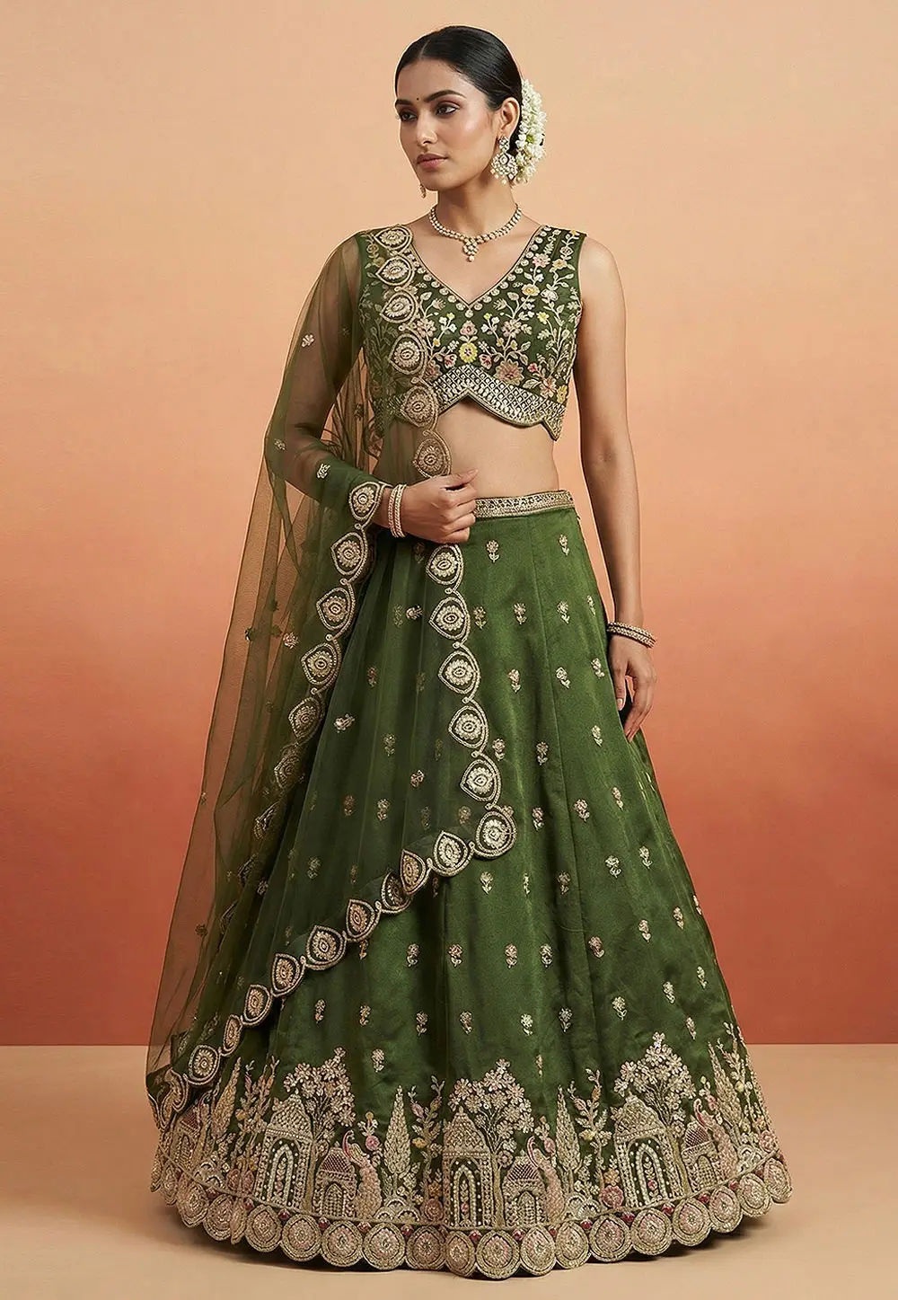 Green Chinon Lehenga Choli For Wedding 332984