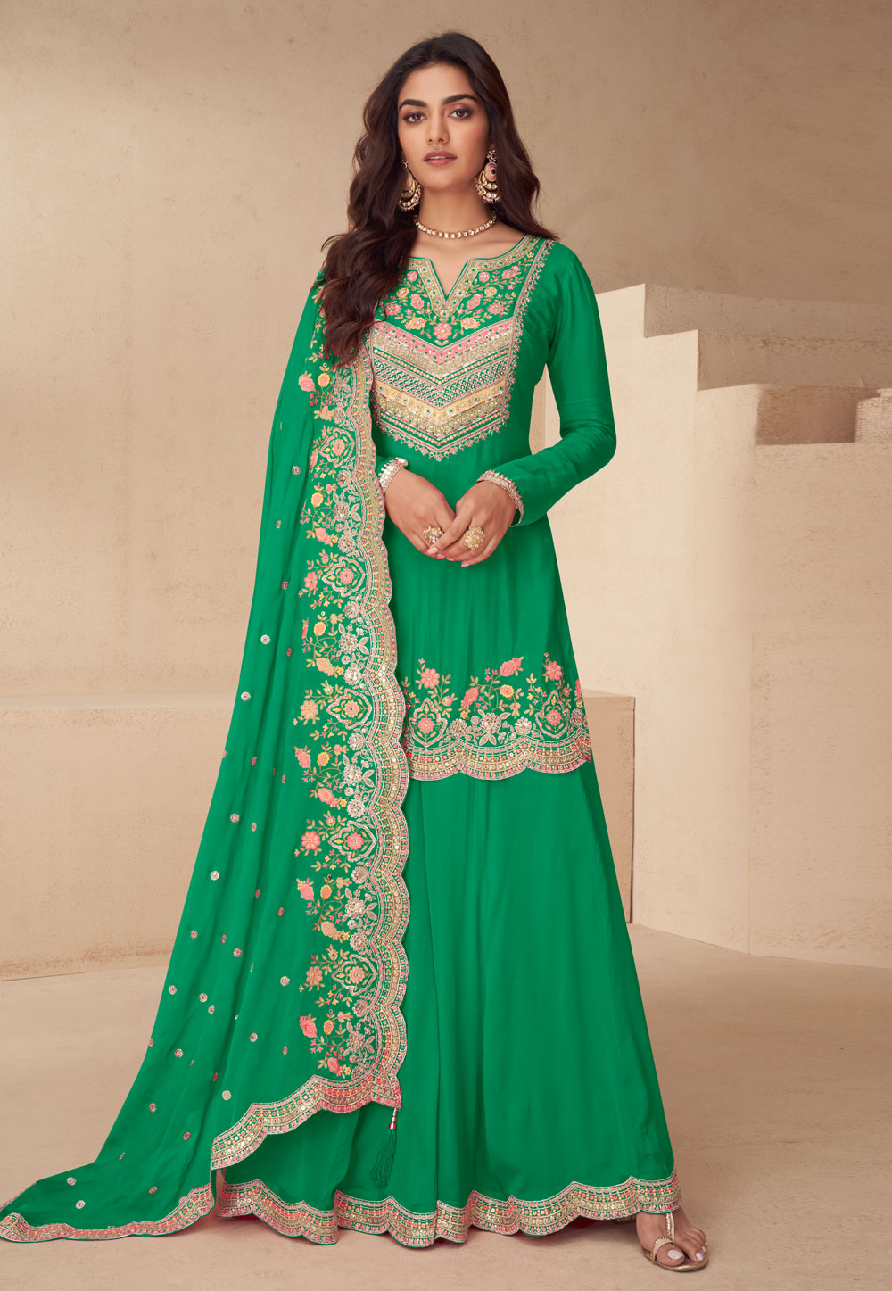 Green Chinon Long Choli Lehenga 324549