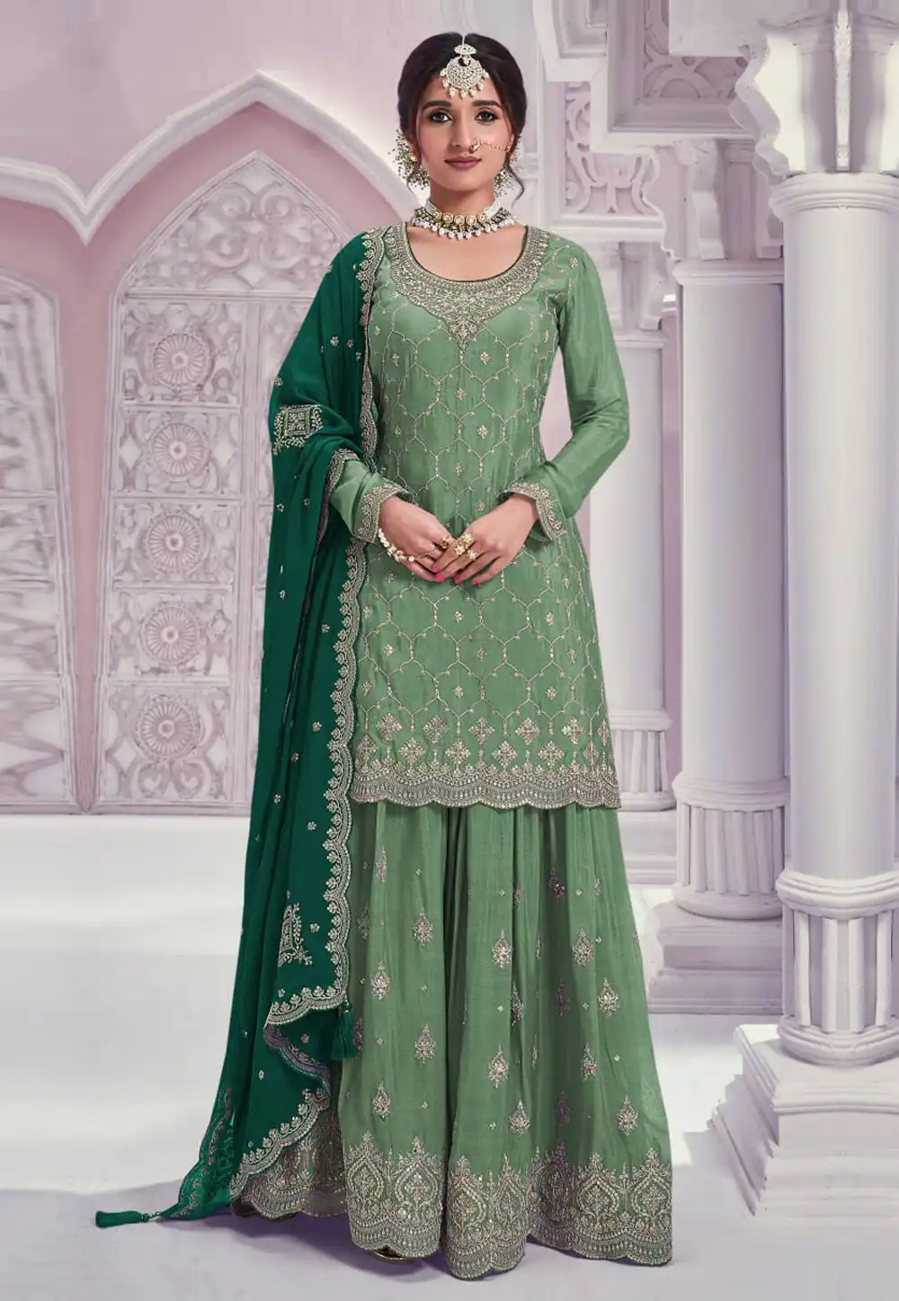Green Chinon Pakistani Suit 329087