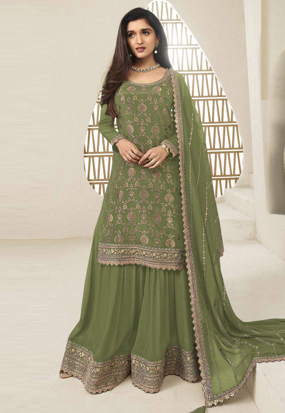 Green Chinon Pakistani Suit 330404