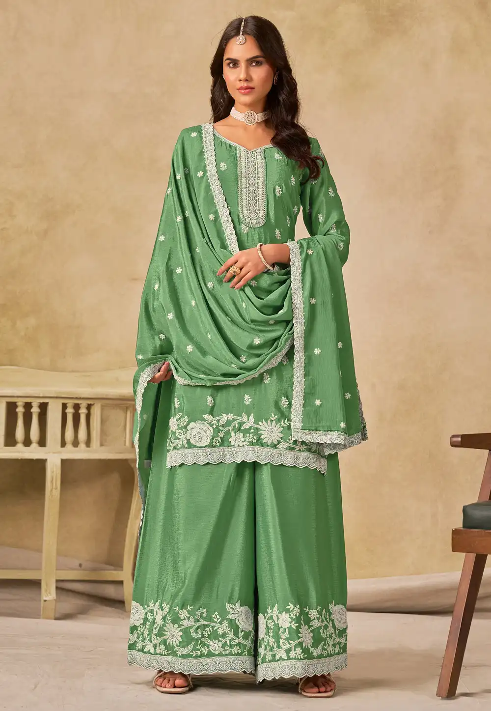 Green Chinon Palazzo Suit 317790