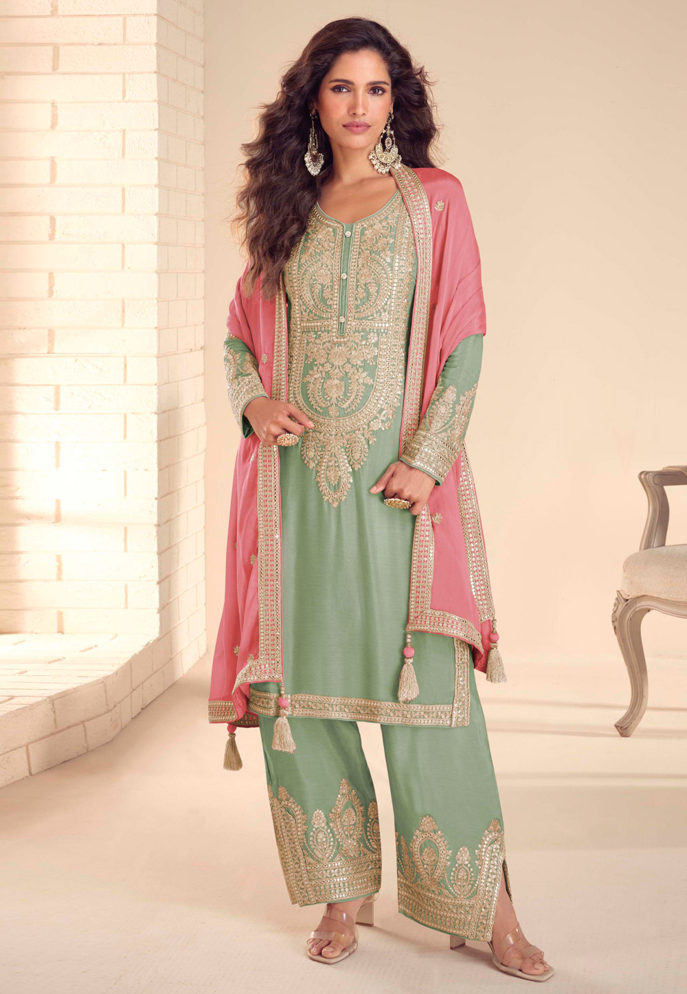 Green Chinon Palazzo Suit 327857