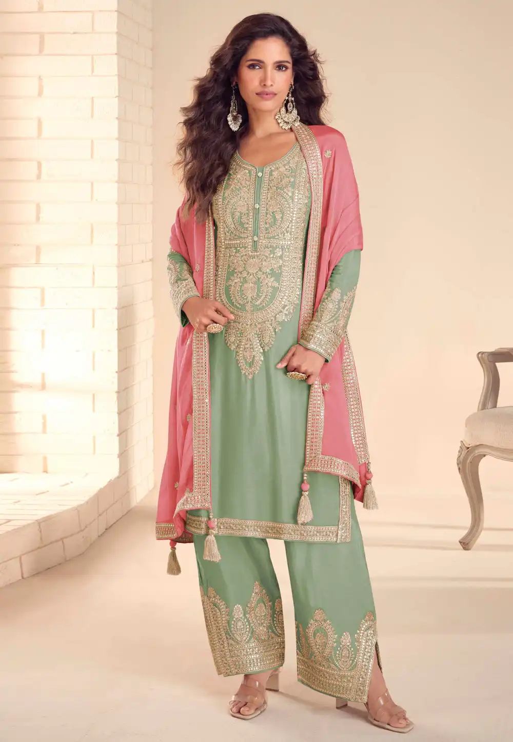 Green Chinon Palazzo Suit 327857