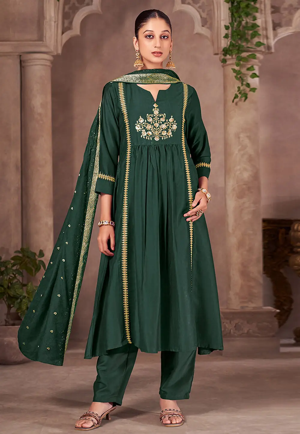 Green Chinon Readymade Anarkali Suit 334229