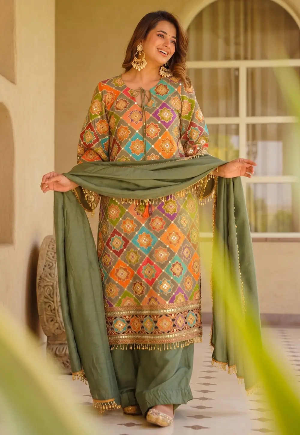 Green Chinon Readymade Pakistani Suit 333980