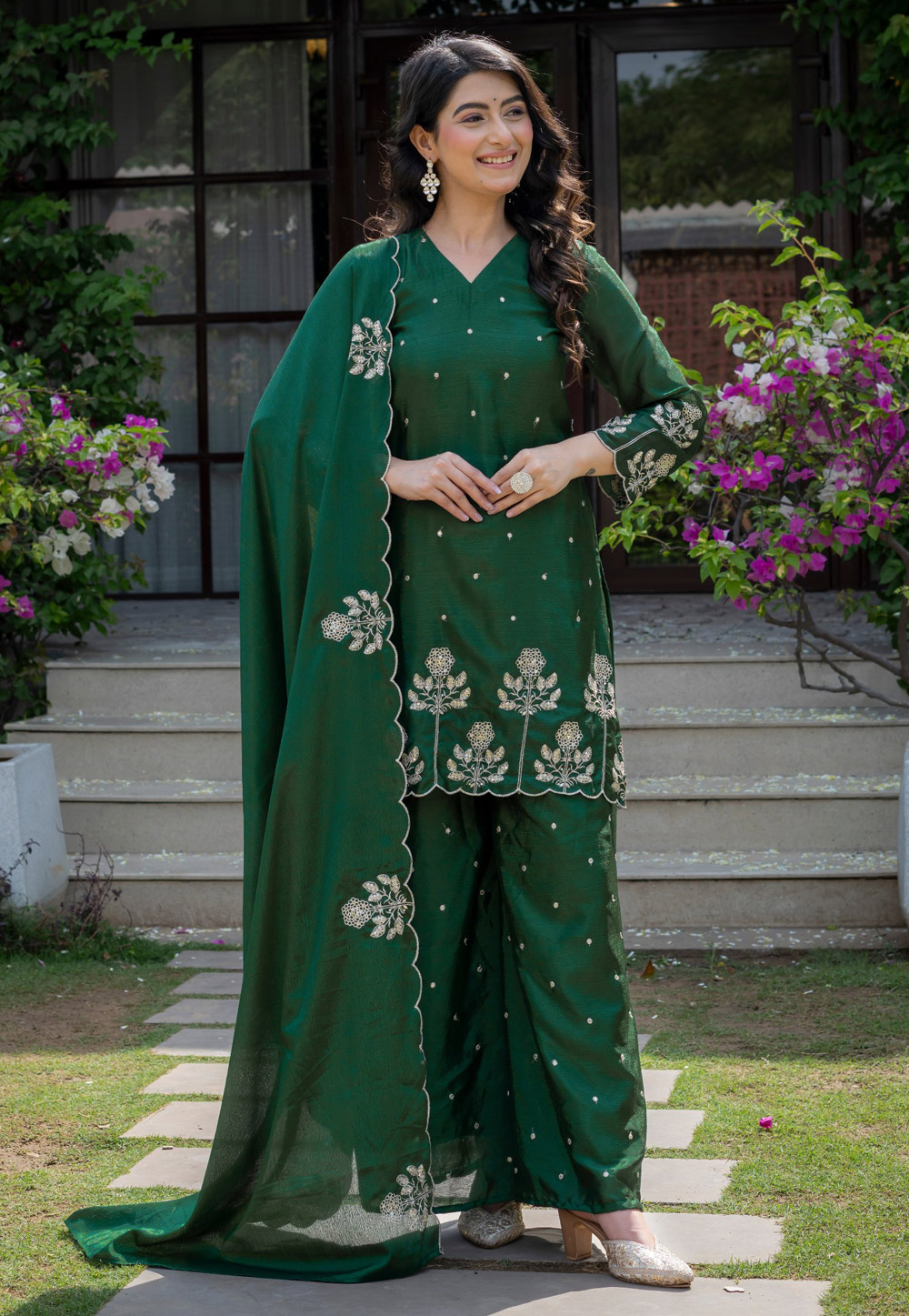 Green Chinon Readymade Pakistani Suit 327174