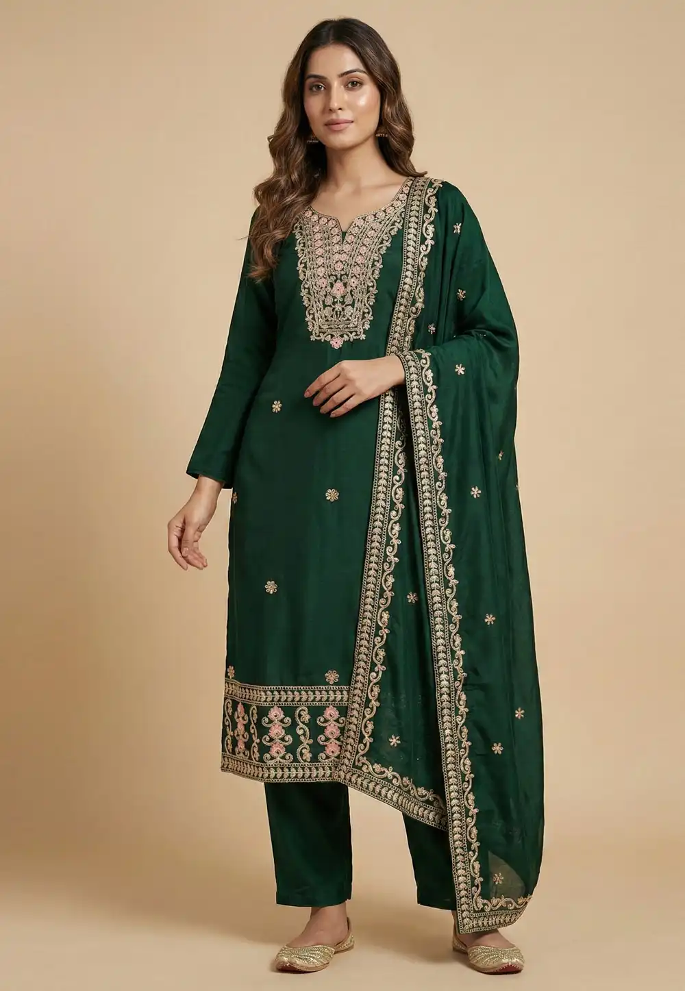 Green Chinon Readymade Pakistani Suit 323870