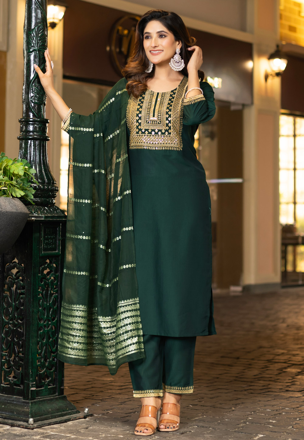Green Chinon Readymade Pakistani Suit 321841