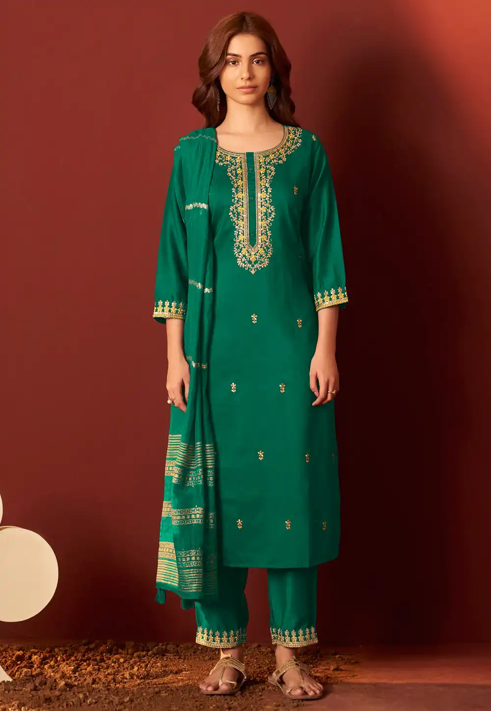 Green Chinon Readymade Pakistani Suit 321814
