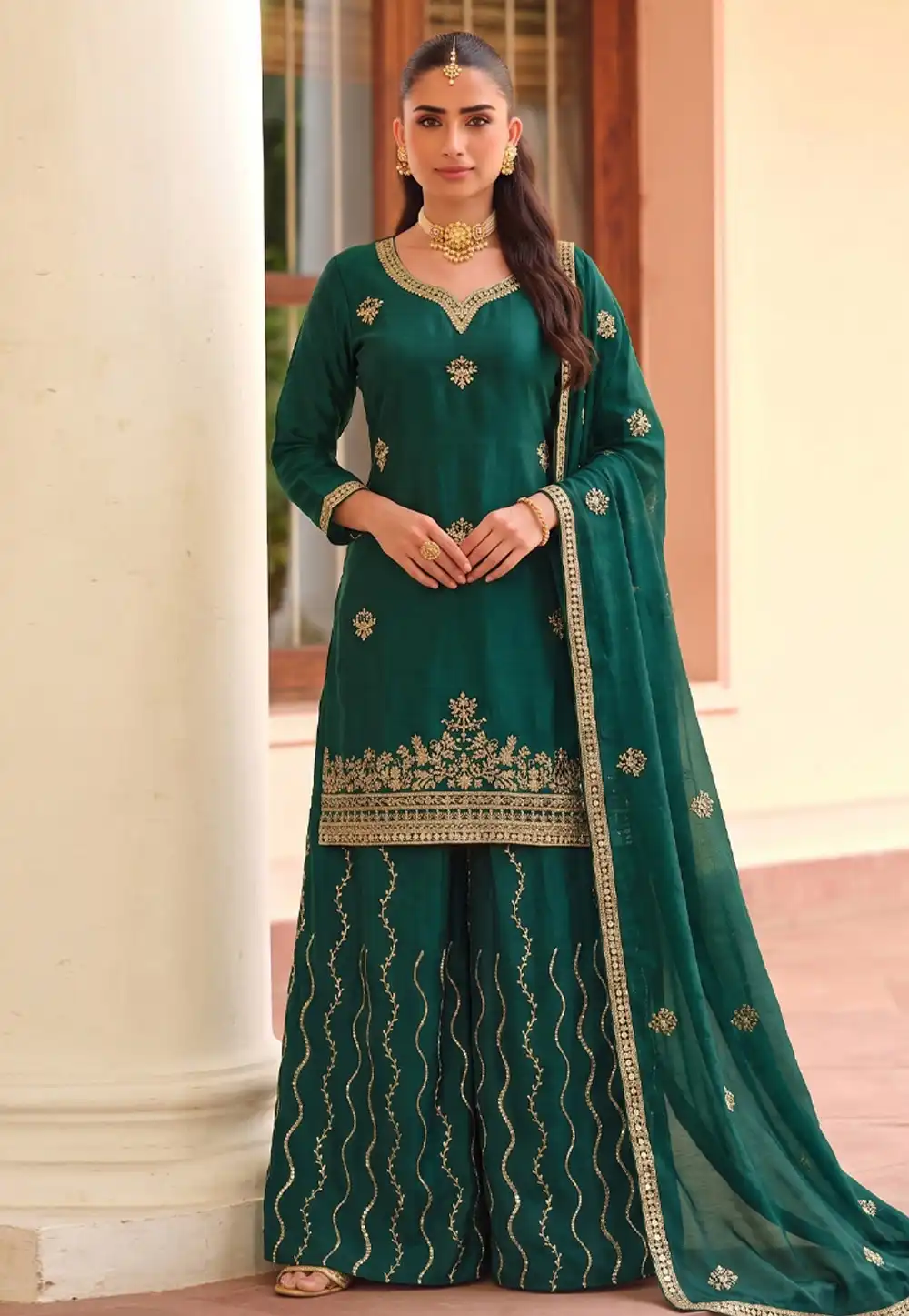 Green Chinon Readymade Pakistani Suit 329773