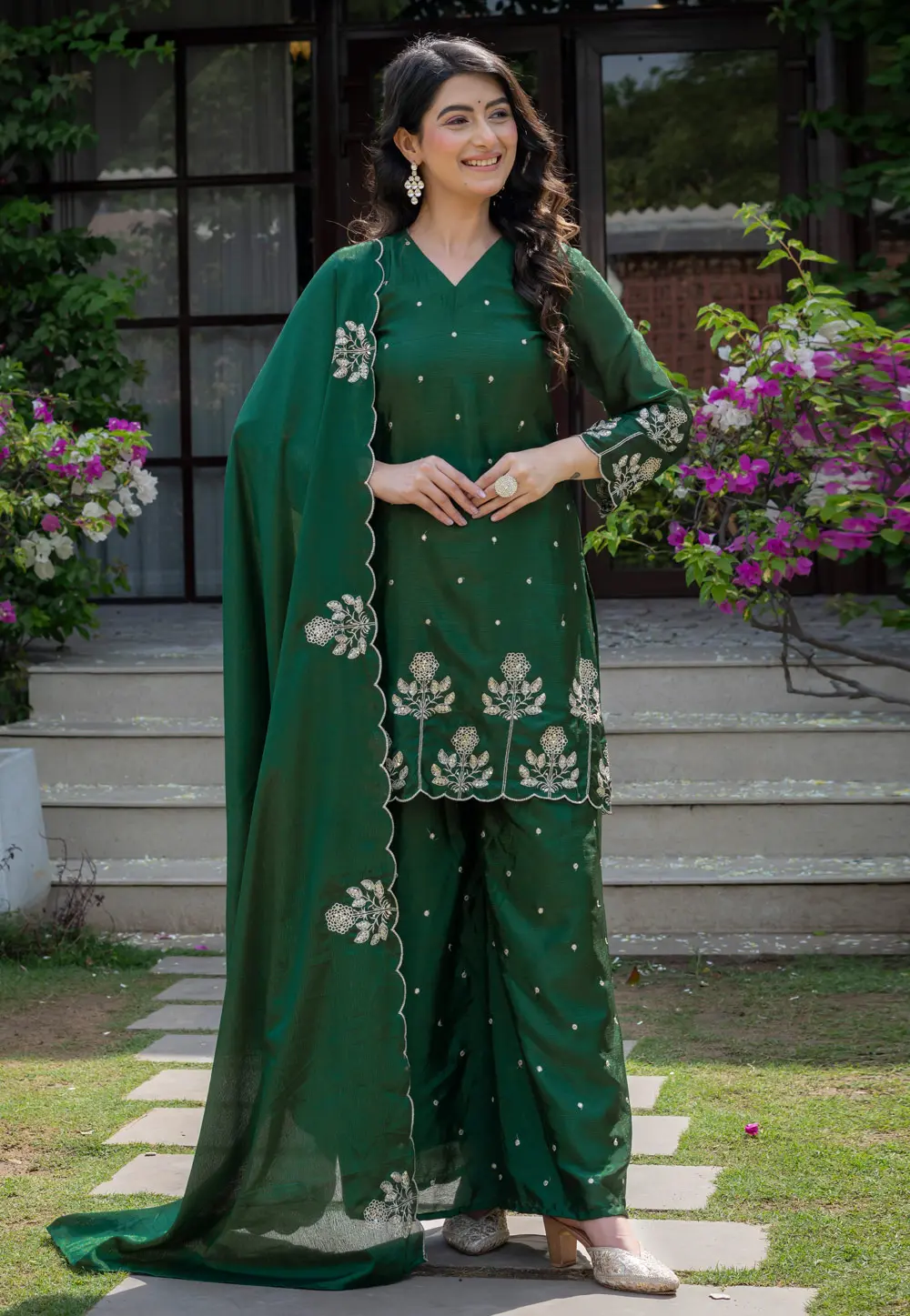 Green Chinon Readymade Palazzo Suit 331628