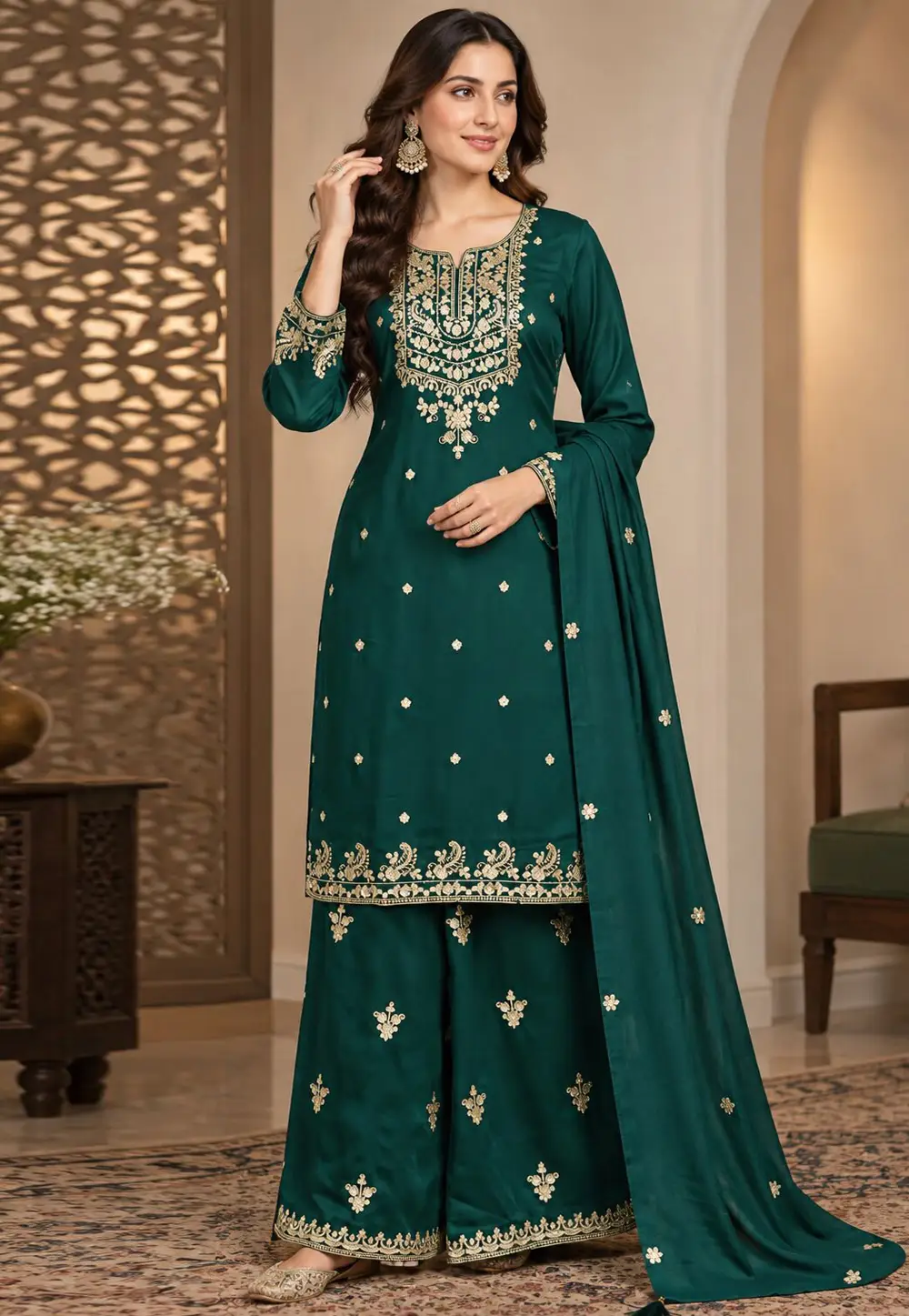 Green Chinon Readymade Palazzo Suit 335510