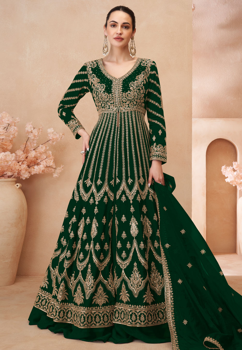 Green Chinon Silk Center Slit Anarkali Suit 307874