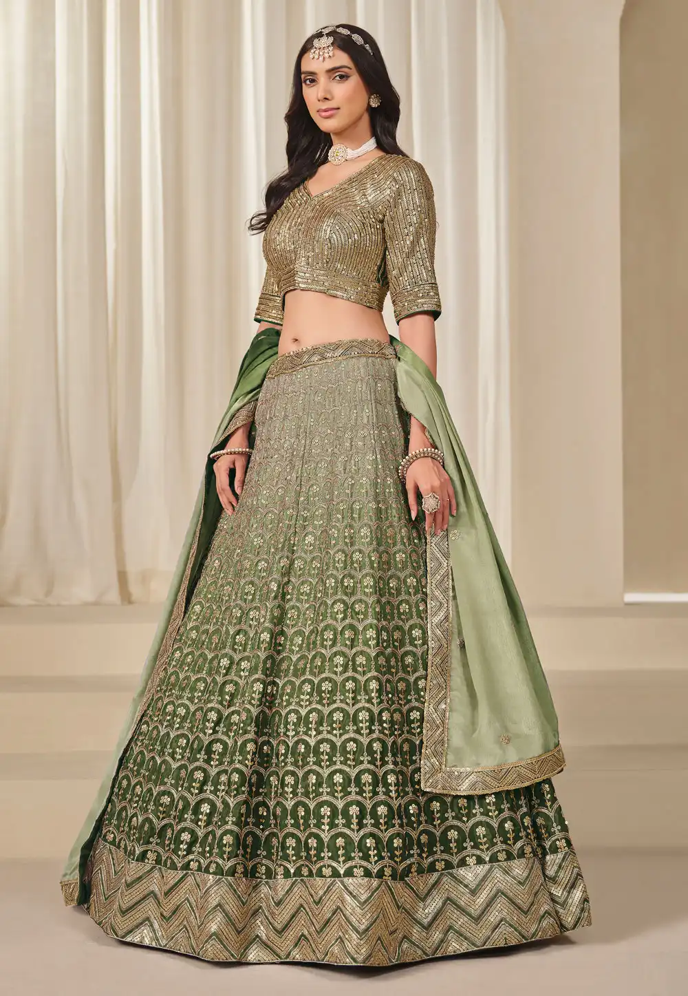 Green Chinon Silk Circular Lehenga Choli 313737