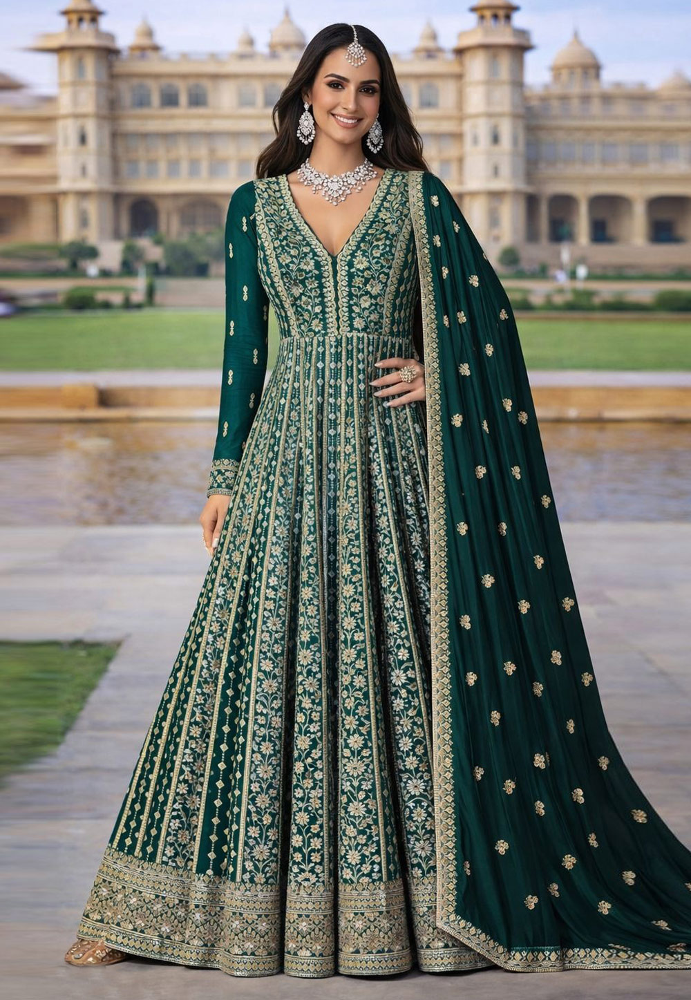 Green Chinon Silk Embroidered Long Anarkali Suit 323651