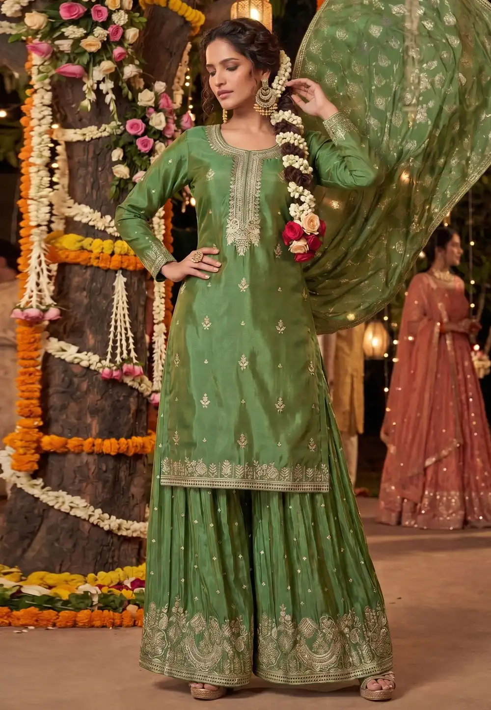Green Chinon Silk Pakistani Suit 327977