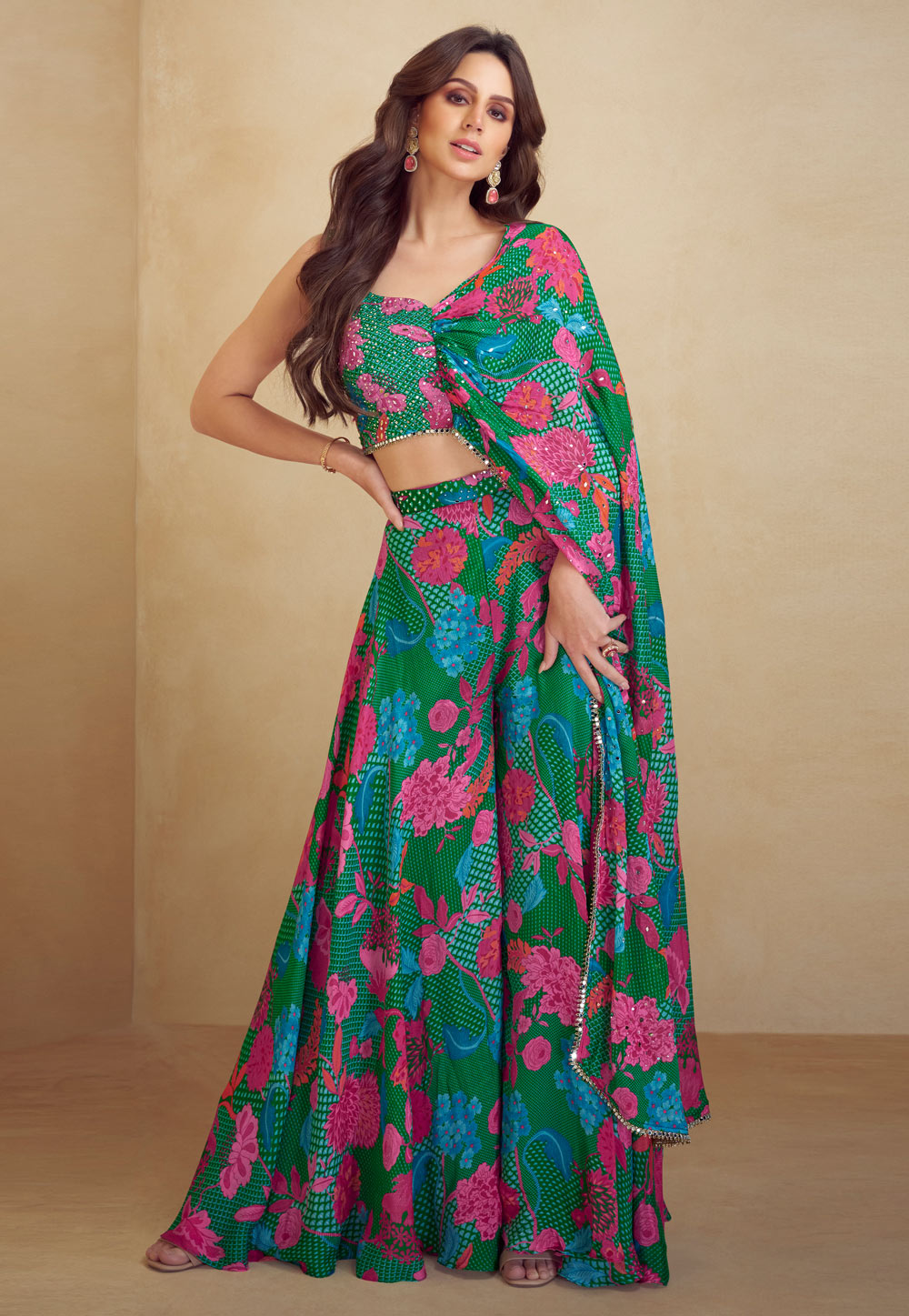 Green Chinon Silk Palazzo With Crop Top 318833