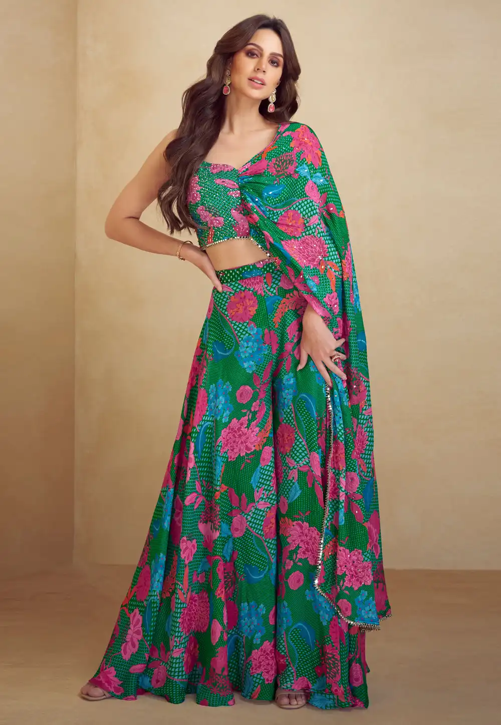 Green Chinon Silk Palazzo With Crop Top 318833