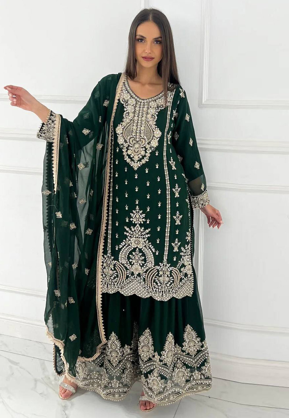 Green Chinon Silk Readymade Gharara Suit 327852