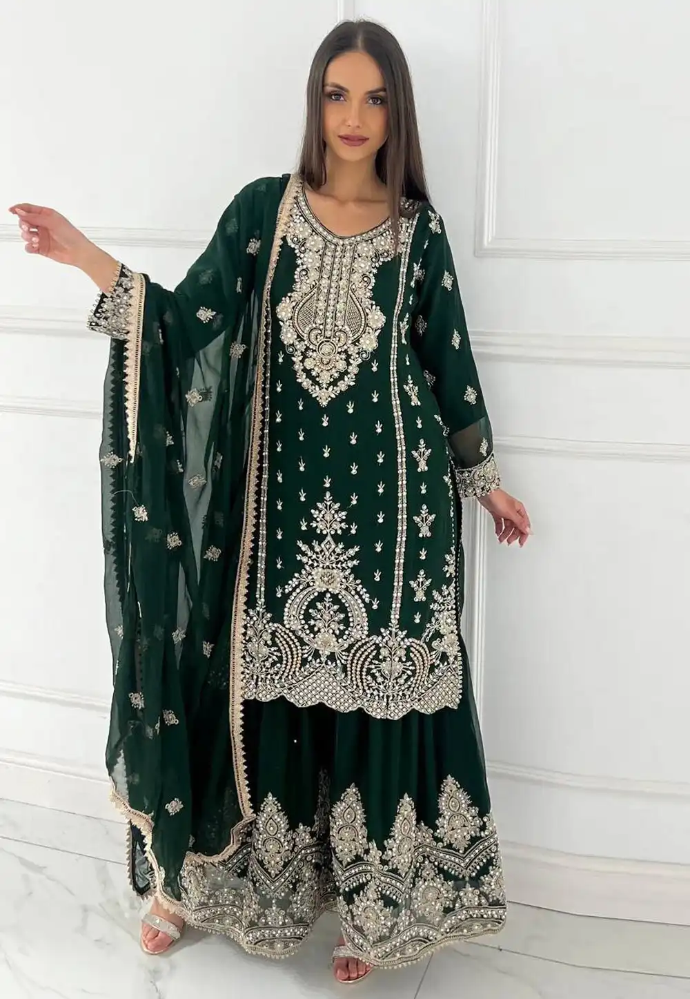 Green Chinon Silk Readymade Gharara Suit 327852