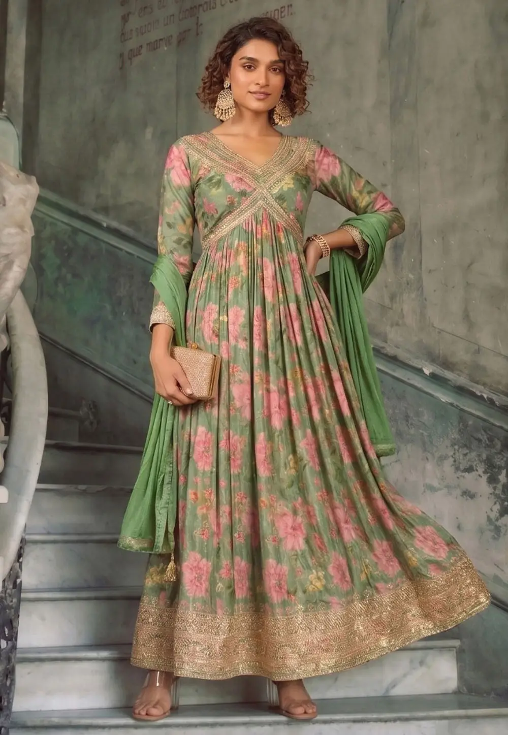 Green Chinon Silk Readymade Long Anarkali Suit 335528