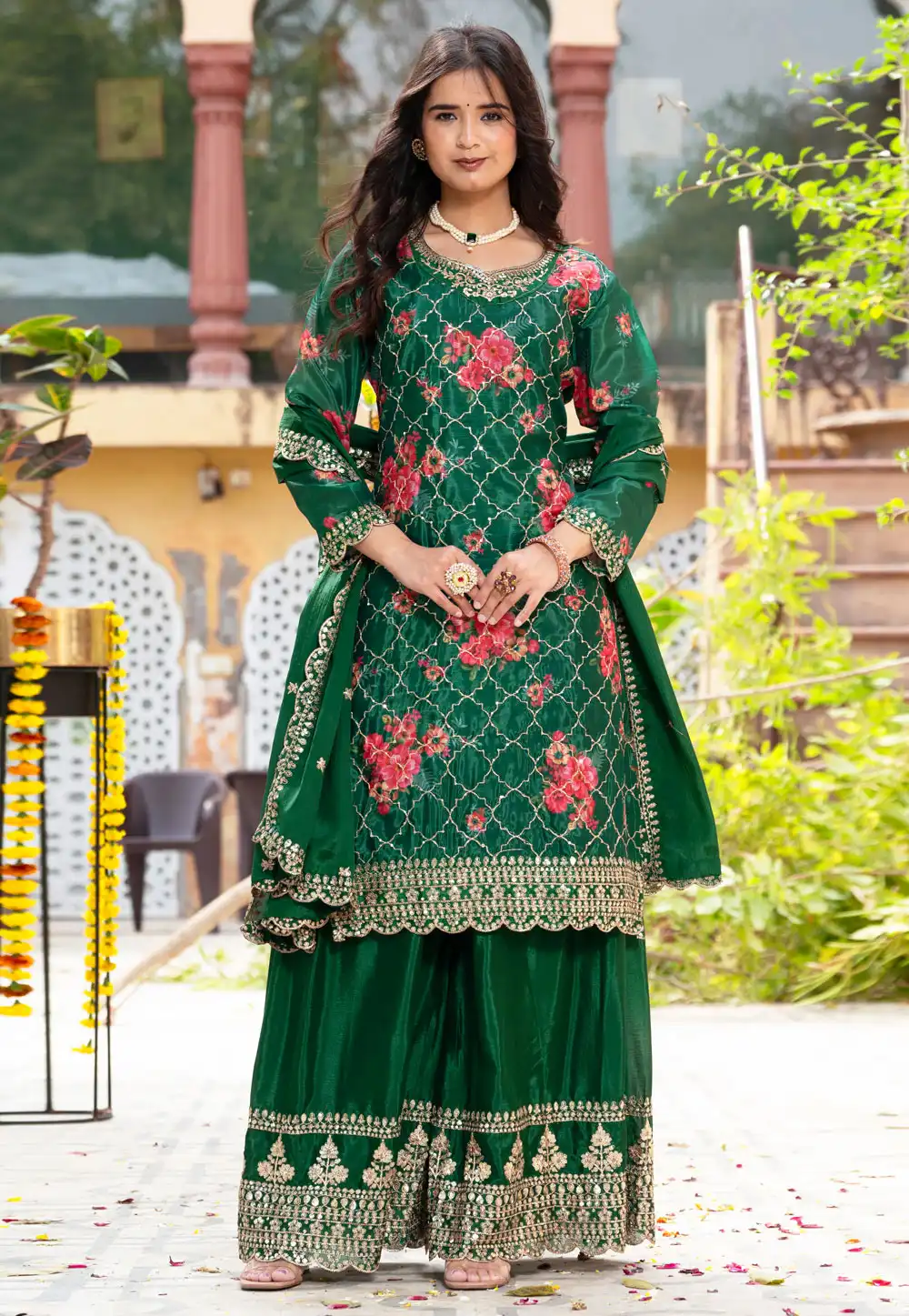 Green Chinon Silk Readymade Palazzo Suit 314481