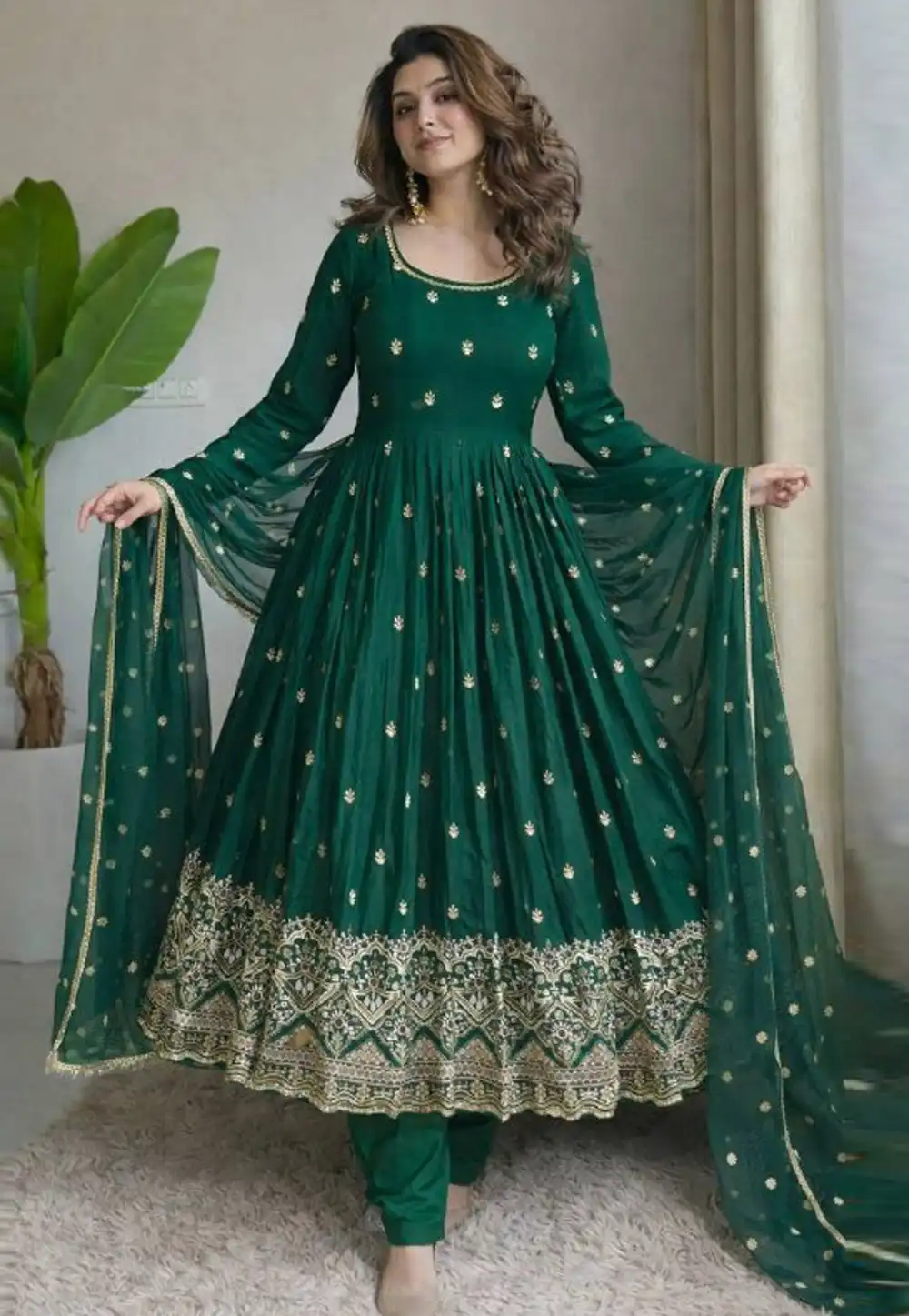 Green Chinon Silk Readymade Pant Style Suit 327500