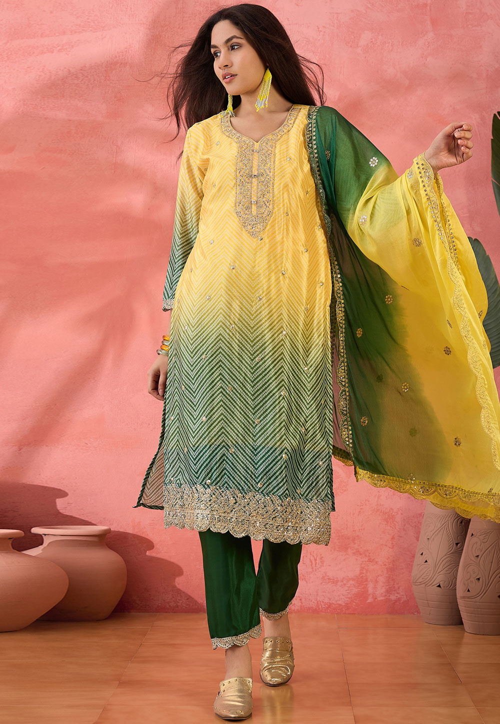 Green Chinon Silk Readymade Pant Style Suit 308251