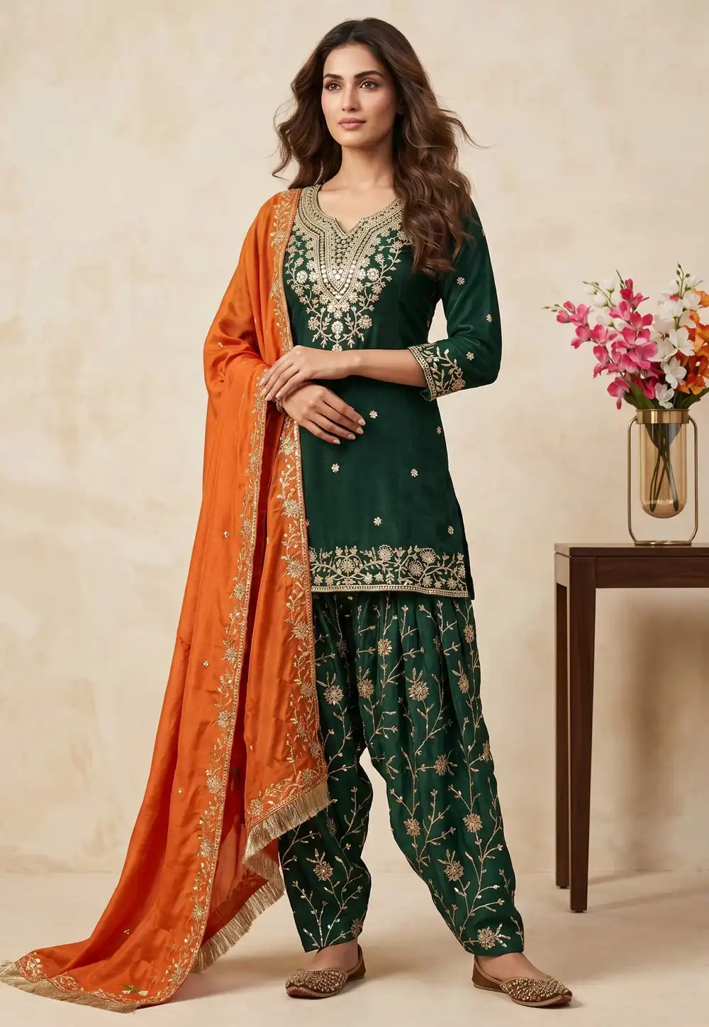 Green Chinon Silk Readymade Patiala Suit 330697