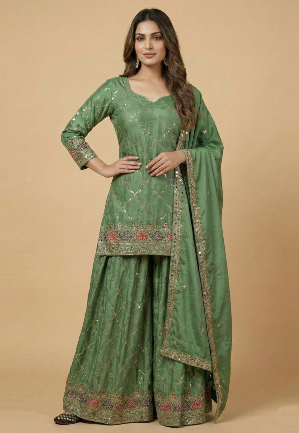 Green Chinon Silk Readymade Sharara Suit 323272