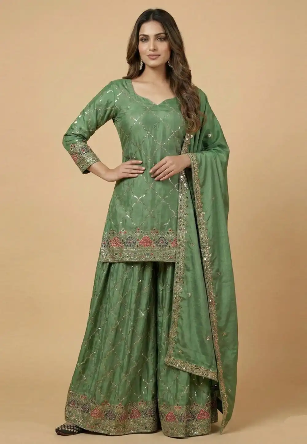 Green Chinon Silk Readymade Sharara Suit 323272
