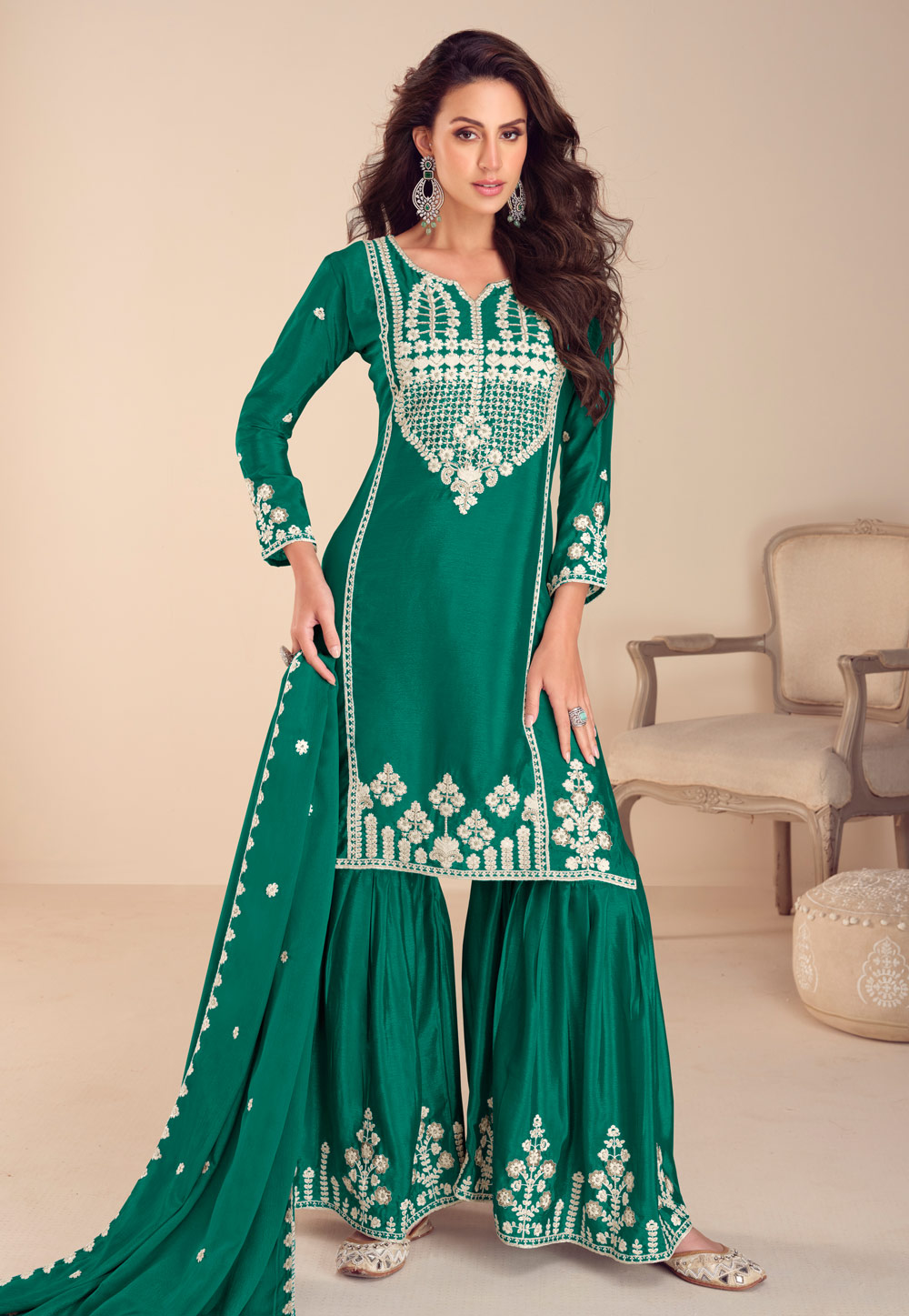 Green Chinon Silk Sharara Suit 308308