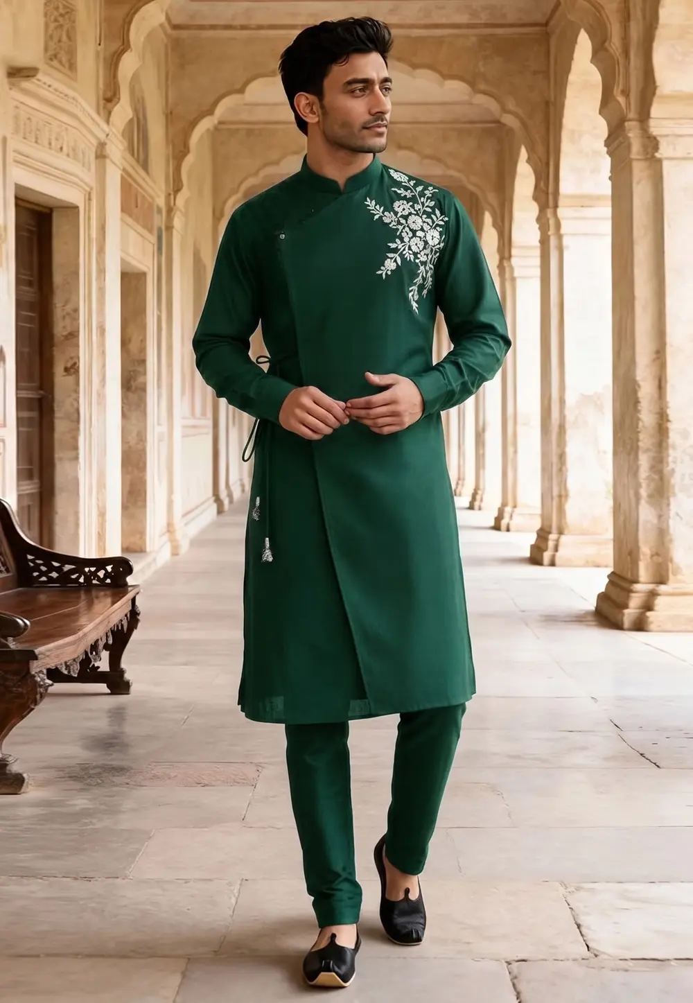 Green Cotton Indo Western Kurta 331939