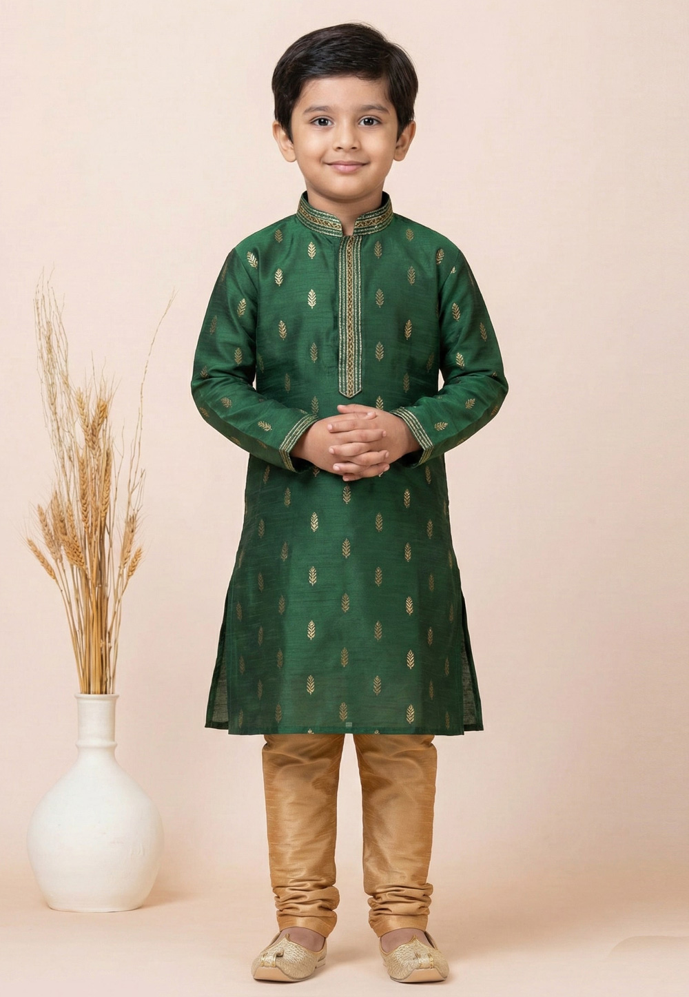 Green Cotton Jacquard Kids Kurta Pajama 322625
