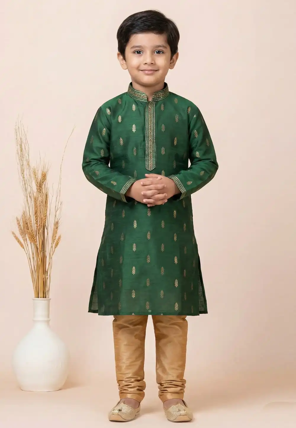 Green Cotton Jacquard Kids Kurta Pajama 322625