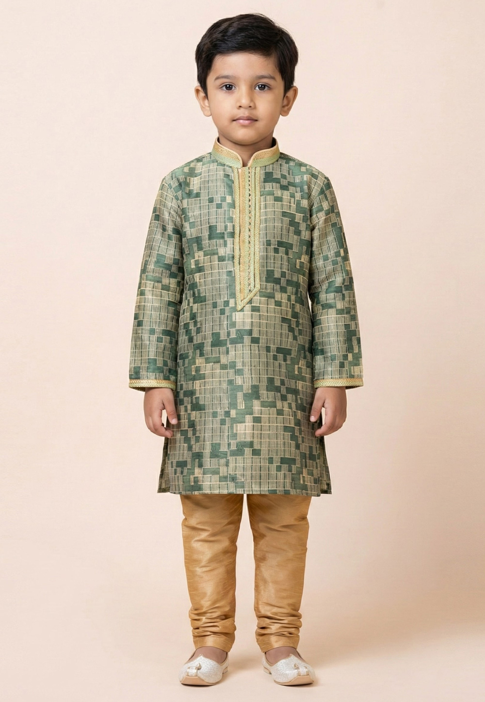 Green Cotton Jacquard Kids Kurta Pajama 322634