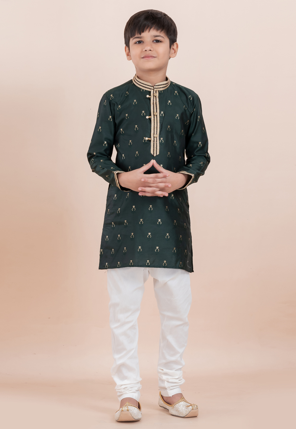 Green Cotton Jacquard Kids Kurta Pajama 305979