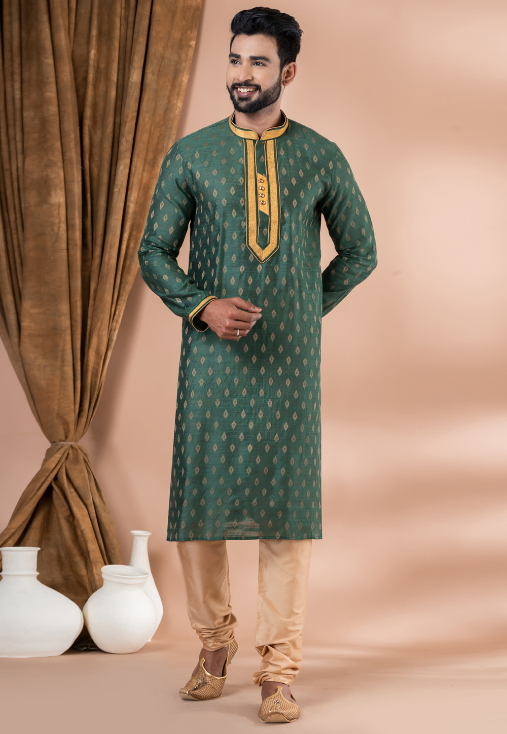 Green Cotton Jacquard Kurta Pajama 283379