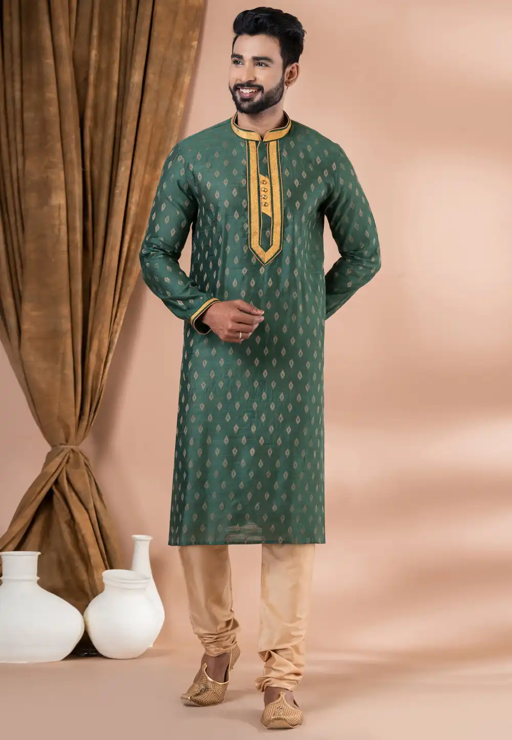 Green Cotton Jacquard Kurta Pajama 283379