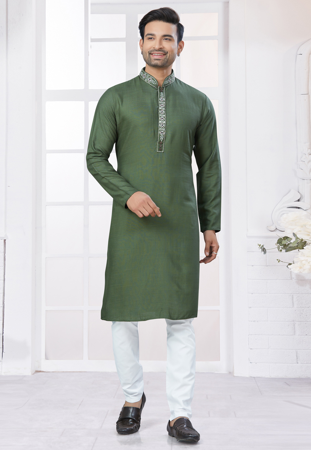 Green Cotton Kurta Pajama 307368