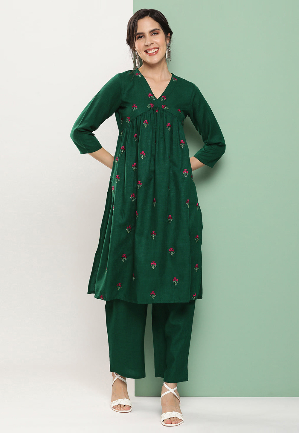 Green Cotton Kurta Set With Palazzo 281425